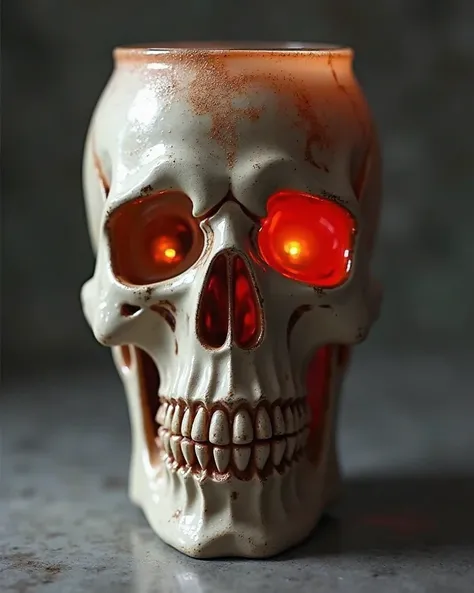 A fully sculpted, grinning skull-shaped glass made of semi-matte ceramic or frosted glass, giving it a ghostly, mysterious aura. The skull's hollowed-out eyes and nose subtly catch light, adding depth and an eerie yet elegant touch. The inside of the skull...