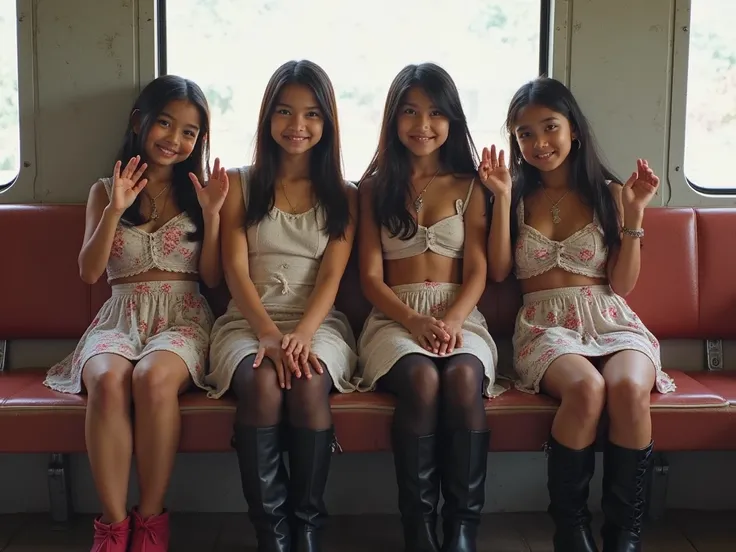 four indian 8years girls sitting on train seat, hands up, View Photographer, whole body, (Smiling at the photographer), tight skirt, High boots, Clothes that show the open chest、Thin and long elbows、(wearing a open breast top, mini skirt, black pantyhose),...