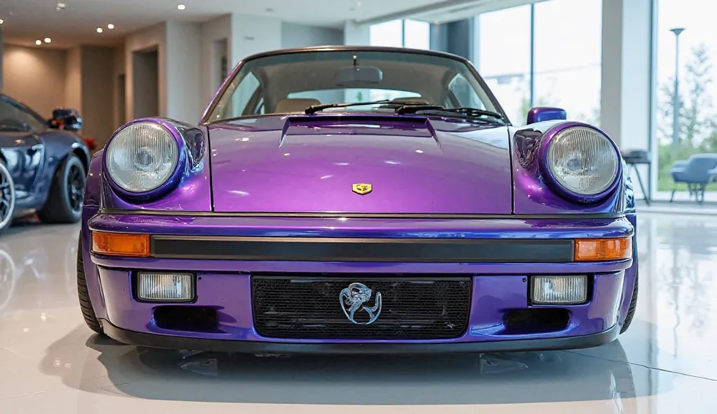 Front view of painted purple with shiny color 1989 RUF CTR Yellowbird in sleek in large shape sedan in large size with RUF logo on its large detailed grille in shiny white color with angular sporty design captured from close front view with modified sleek ...