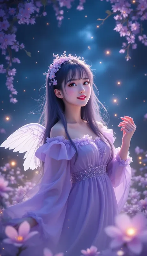 Portrait A Thai Korean woman Beautiful cute face with soft smile Long straight hair with bangs in purple-grey ombre color Wearing a soft purple lolita dress white big wings Standing among the flowers hanging upwards Fireflies sparkle in the beautiful night...