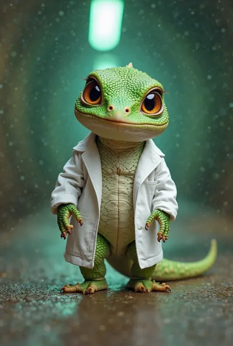 full-body image of an adorable, chubby-cheeked baby transformed into a mini Lizard. The baby has smooth, soft green scales covering their , with large, bright, reptilian eyes filled with curiosity. They wear a tiny, slightly oversized white lab coat that d...