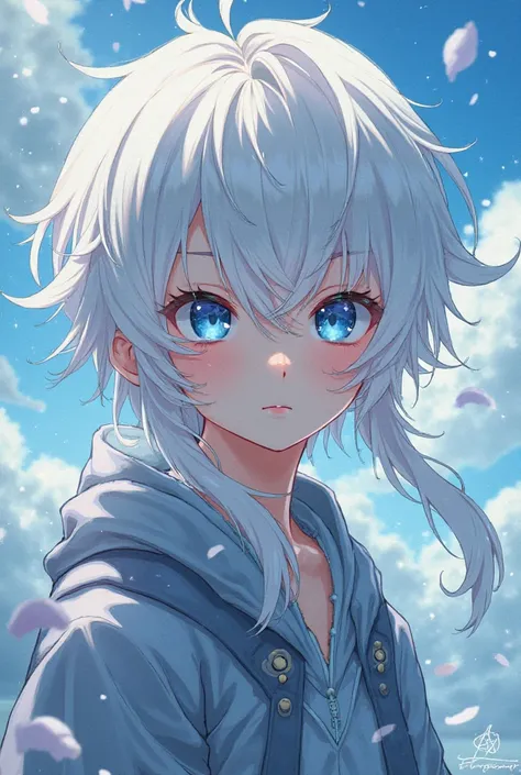 Personagem boy,  with white hair, long hair, hair up to the back ,  blue eyes, anime style.