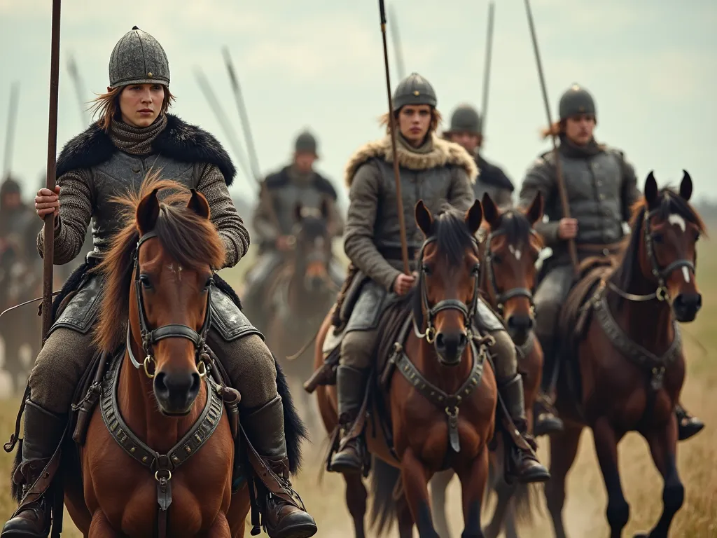 Medieval Young, 16-Year-Old Light Cavalry Soldiers Unit, sitting on a horse. Soldiers trot in straight columns, with a spear held forward. Saddles lined with black fur. Their pants are lined with white, soft fur. 