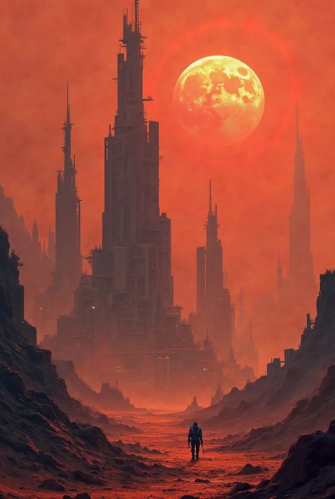 "A futuristic city on Mars starting to be built, with an atmosphere of mystery and a sinister aura in the sky."
