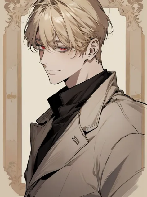 Alone, anime cartoon of a man with blond hair and red eyes, clean anime sketches, prayer position,  side fringe,  medium hair length, anime portrait of a handsome man, male anime style, ironic facial smile 