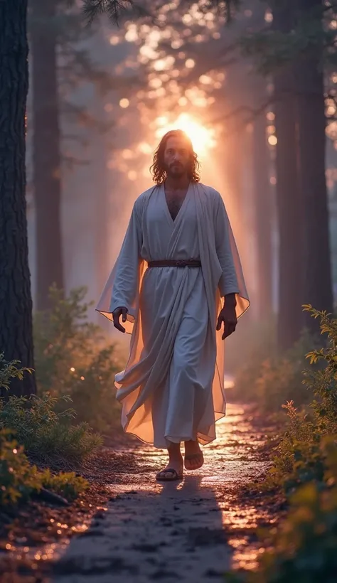 Close front view of Jesus beautiful shiny aura over his head peaceful face walking on a shiny path 
Hyperrealistic detailled 
Jesus sees a man praying 
Jesus is simple has glowing white robe 
Woods nature 
Emotional historical mystery atmosphere 
Evening g...