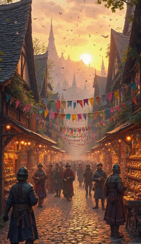 "A bustling medieval town at sunset, with merchants trading, bards playing music, and soldiers patrolling the cobblestone streets."