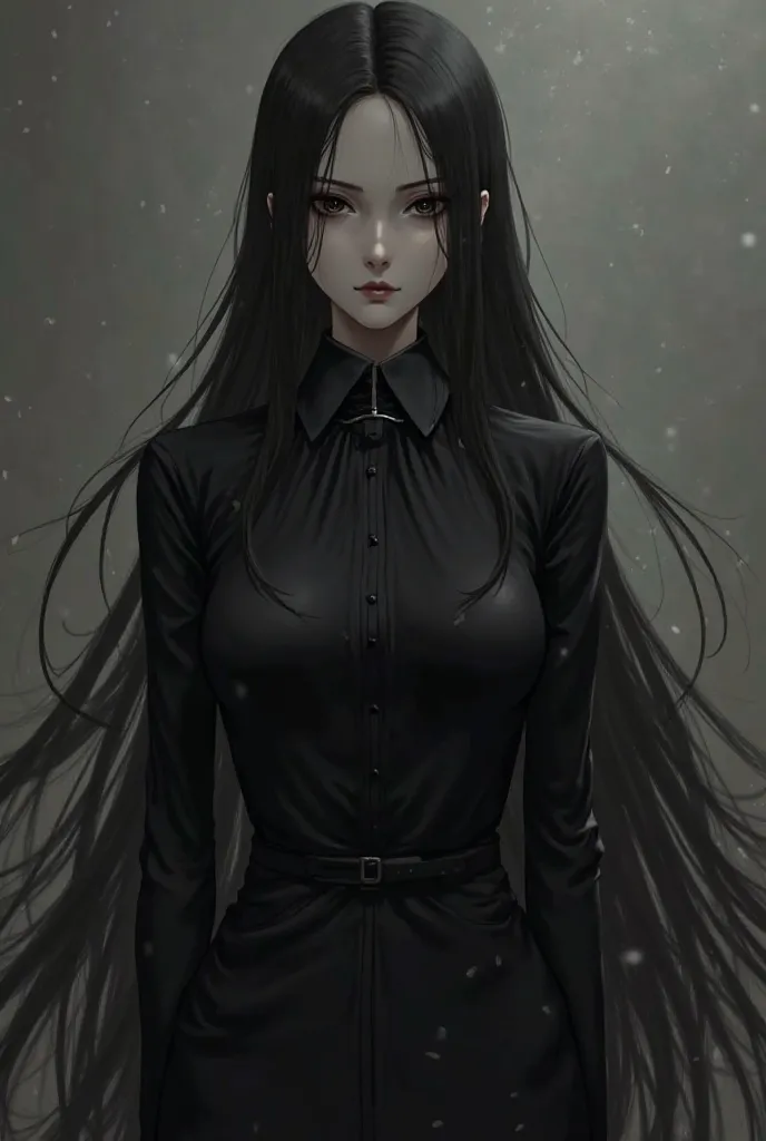 A tall anime women, she has long raven hair, formal black dress. She has dark black eyes that look dead. She looks unsettling. She almost looks like royalty. She looks very strict yet has a cold beauty. 