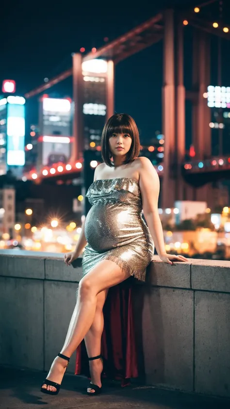 masterpiece, Best Quality, 8K,looking at the viewer,Japanese Lady,20 years old, pregnant woman, Voluptuous, night city background, short length hair with fringe, strapless dress and coat, sitting, full body 