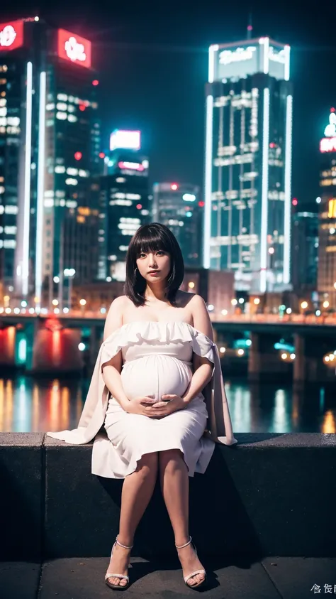 masterpiece, Best Quality, 8K,looking at the viewer,Japanese Lady,20 years old, pregnant woman, Voluptuous, night city background, short length hair with fringe, strapless dress and coat, sitting, full body 