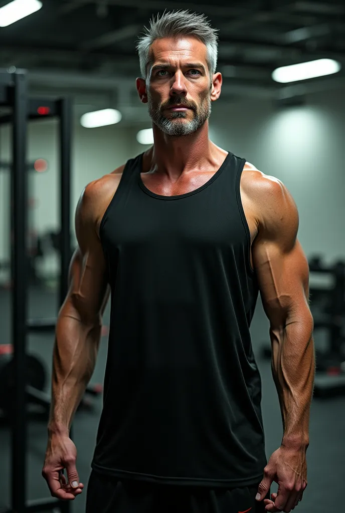 tall green-eyed white man with short gray hair and a thin beard with a mysterious and athletic appearance without a black shirt and shorts at a gym 