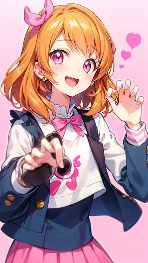 Orange Hair, pink eye， pink ribbon，Light　Oozora　，white background,Claw Pose,cute,Open your mouth slightly, double teeth,