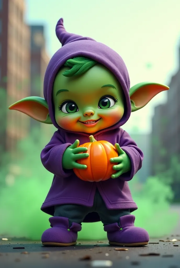 full-body image of an adorable, chubby-cheeked baby dressed as a mini Green Goblin. The baby has bright, mischievous eyes and soft green skin, giving them a playful yet slightly menacing look. They wear a tiny purple tunic with matching gloves, boots, and ...