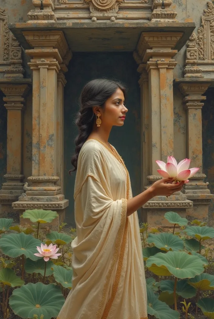 An ancient picture of a beautiful Srilankan princess holding a small lotus flower on hand infront of a temple