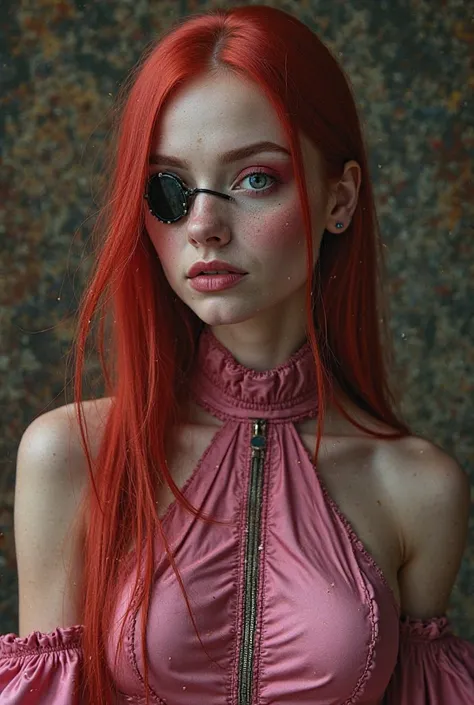 hiperrealistic beautiful woman with a thin face, long red and straight hair, she wears an eyepatch, she wears an elegant long pink halter dress like armor, gloves and red boots, she is with evil harlequin jesters, the image has a gothic touch