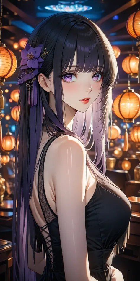 anime girl Anime style, White pale skin, porcelain skin, purple eyes, (HAIR:Black hair with purple highlights,  straight cut, long medium length, full bangs covering eyebrows, side framing fringe ) seductive anime girl, ,best quality, 4k, 8k, highres, mast...