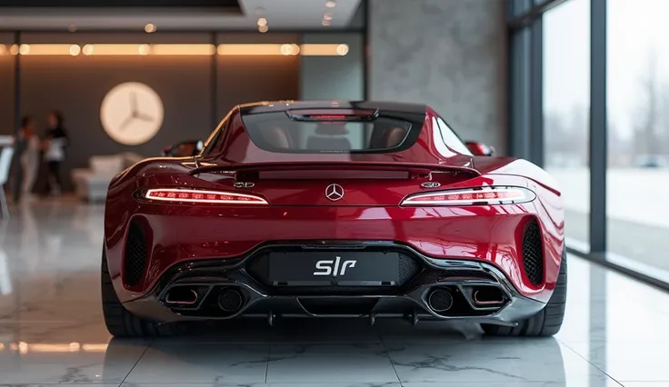 An ultra-realistic image of the Aggressive back view with end of a futuristic 2035 concept Mercedes Slr McLaren . The car features a large, imposing, kand aerodynamic design with a wine red and shiny exterior. Aggressive back view end has a wide, aggressiv...