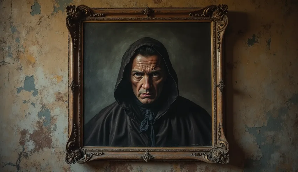  High quality, 8K ultra HD, An old painting with, hanging on the wall of an old house with a man with a dark face,  dressed in a dark cloak , with a strange twinkle in the eyes. eyes that seem to move, implying that he is watching the spectator.