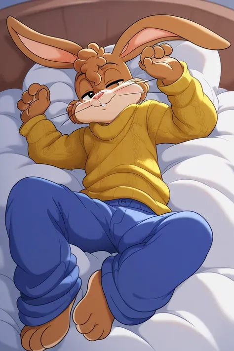 zPDXL3,quicky,4 fingers,brown fur, blue pants, yellow winter sweater, French style, sitting down on the bed in the bedroom, young 25 year old adult, 6 feet tall, cute version of quicky, cute rabbit hair, furry, rabbit, male, femboy, slim,solo,looking_at_vi...