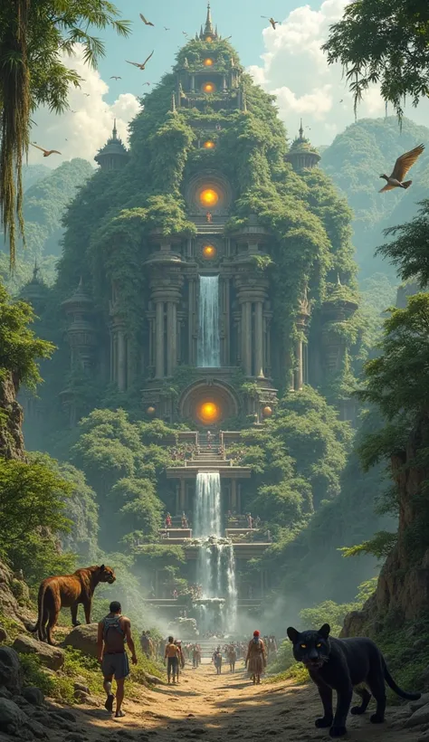 A grand animal city built within a jungle, blending ancient architecture with futuristic elements. Massive temples made of vines and stone, with glowing orbs and waterfalls. Giant panthers and tigers patrol, while birds fly between the structures. The atmo...