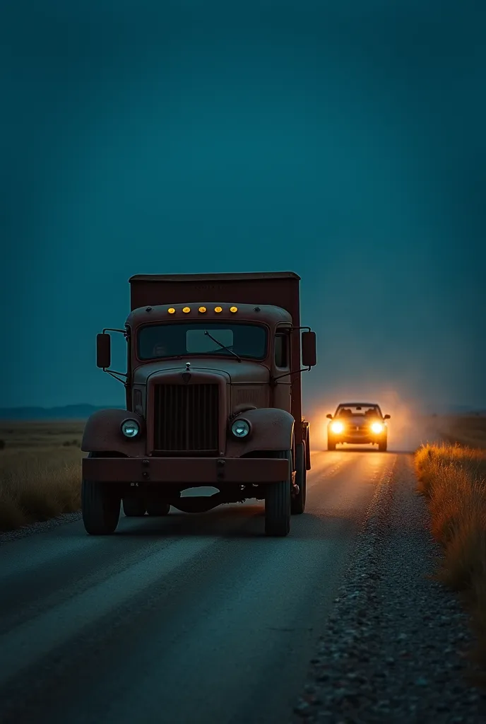  The night An old rusty truck driving dangerously ahead of a car on a deserted road, com Trish e Darry Jenner dentro do carro, expressing fear and surprise. The road is surrounded by vast fields and a tense atmosphere , inspired by Jeepers Creepers