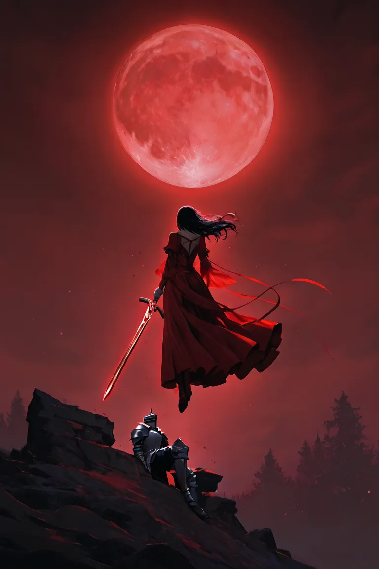 beautiful detailed illustration, graceful etheral, 1 woman with long black hair floating, weightless with a red dress floating, with  1 man, knight in an armour with Excalibur sword in one hand, moonlight, big red moon in the sky, cinematic