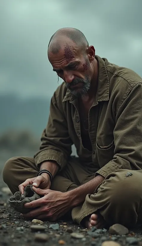 "A close-up of a suffering man with a bald head, covered in painful sores, sitting on ashes with torn clothes. His face shows deep sorrow and resilience, holding a broken piece of pottery. A somber, cloudy background with muted colors, cinematic, ultra-rea...