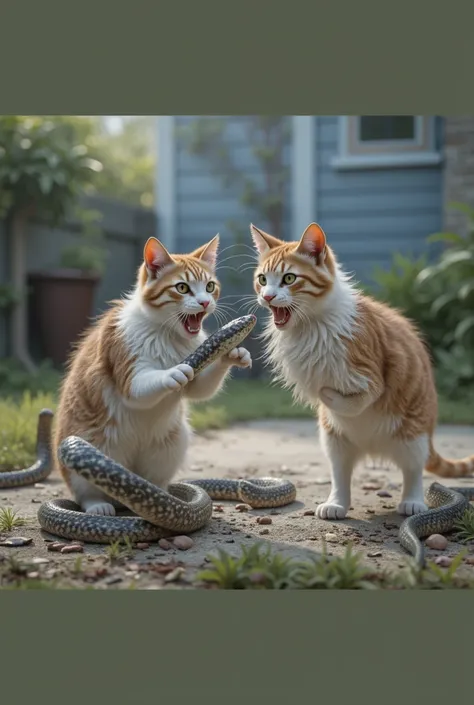 Two cat fighting snake after snake death cut off 