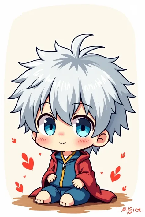 Japanese style manga, chibi, white-haired man with blue eyes, cute