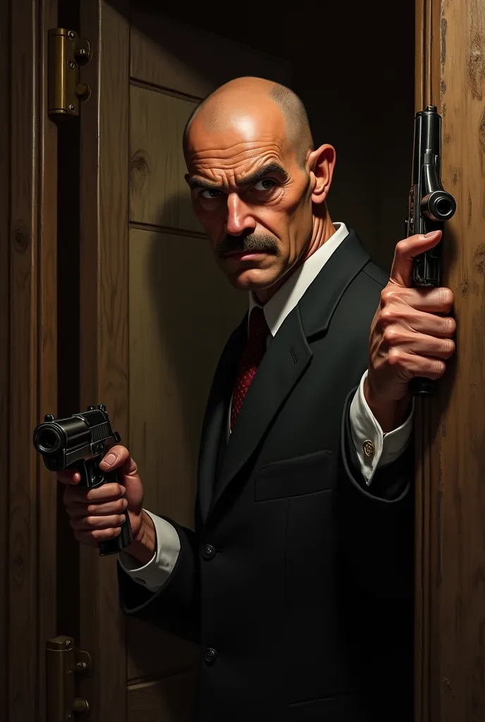 A thin, bald man with a short mustache,  from 1950 , behind a bar door, with.a gun in hand.  