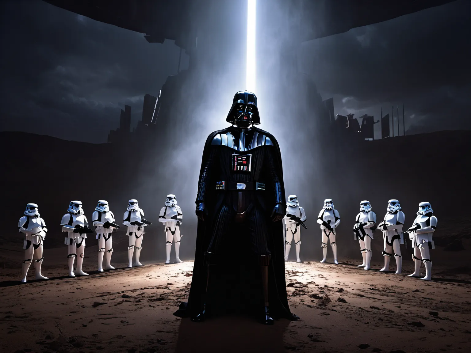 Darth Vader is just out of frame but his silhouette in the form of his shadow is cast over a pair of storm troopers kneeling in fear.