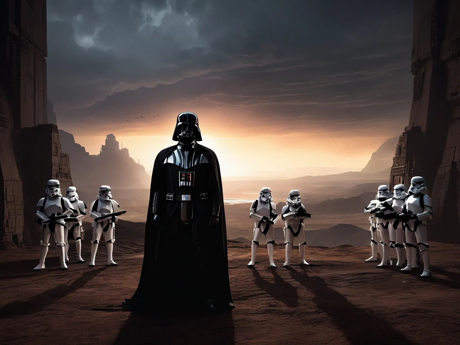 Darth Vader is just out of frame but his silhouette in the form of his shadow is cast over a pair of storm troopers kneeling in fear.