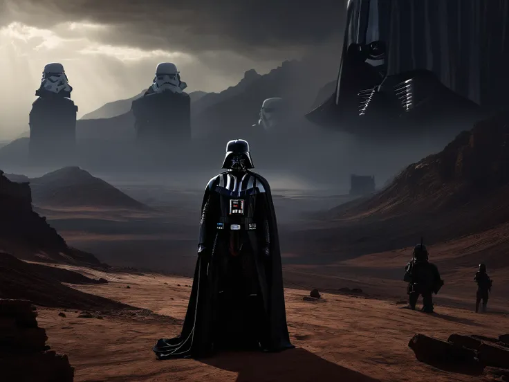 Darth Vader is just out of frame but his silhouette in the form of his shadow is cast over a pair of storm troopers kneeling in fear.