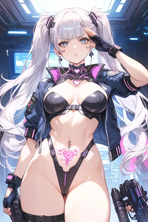 Hypnosis、  serious expression、twin tails、Facility  、  high leg、woman、salute、 Silver Hair、A tattoo with a glowing heart symbol on the belly、  huge ass 、cyberpunk