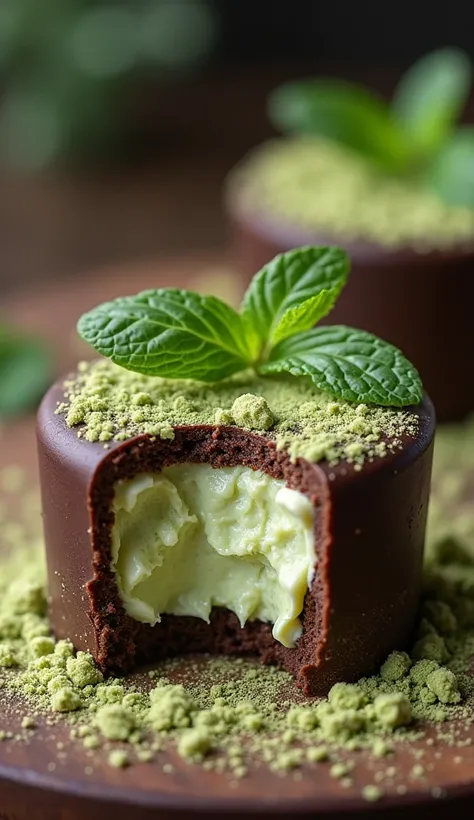 Hgraphic elements, Dynamic Light, Cinematics, HDR, UHD, professional PHOTOGRAPH OF:
“Texture and Flavor Explosion”
Focus on a broken piece of the matcha chocolate delight, revealing the creamy, rich interior bursting with flavor. Use a rustic backdrop, suc...