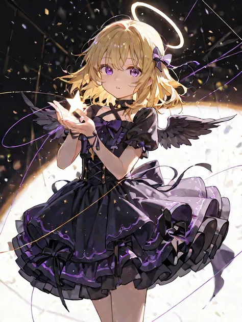 เด็กหญิงcuteใช่ไหม,cute, Feather wings,Small wings,Alone,vent skirt dress, Young woman18, Golden-haired,หน้าตาcute,beautiful,มีปีกduckอันเล็ก,duck,Lolita Dress,Idol,Vtuber, purple eyes,best quality,UHD,masterpiece, string, Straight Line,  Light, spell,witc...