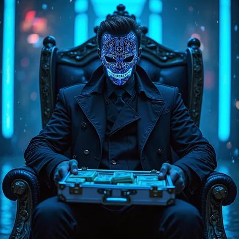 A powerful, mysterious figure sits confidently on an ornate, royal-style throne with a high backrest, illuminated purely by neon blue and cyan lights. He wears a sleek black trench coat with intense blue neon reflections, and a high-tech mask glowing with ...