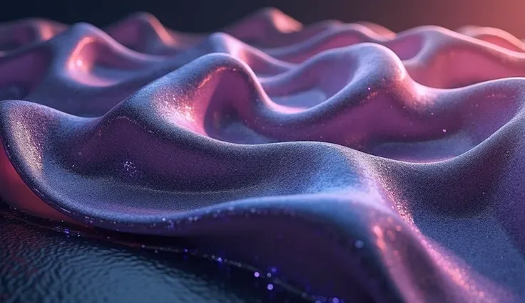 A stunning abstract 3D render featuring smooth, fluid, wave-like structures resembling flowing silk or molten metal. The glossy, reflective surface of the organic shapes shimmers with an elegant gradient of deep purples, electric blues, and vibrant magenta...