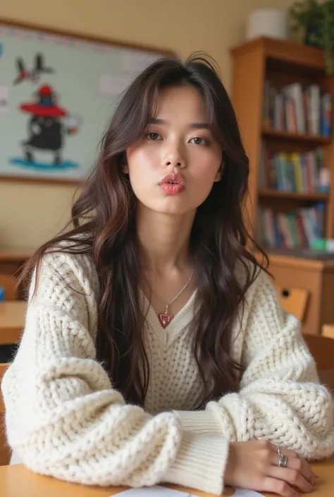 A young woman with long, wavy dark brown hair sitting in a cozy classroom. She is wearing a white oversized sweater and a delicate necklace with a pink pendant. She has a playful expression, puckering her lips slightly as if blowing a kiss. Her skin is fai...