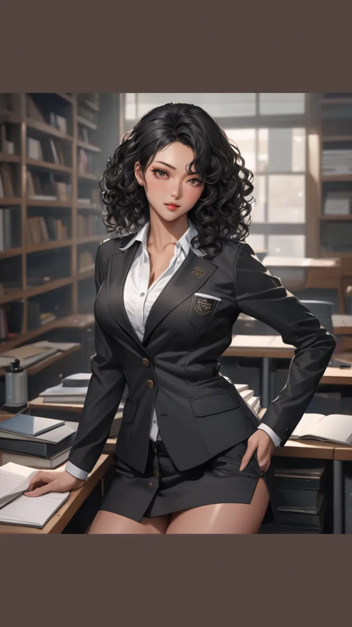 Ultra Realism woman with curly black hair, student clothes, man with straight black hair, teacher&#39;s clothes, They're super sexy 