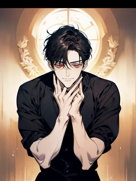 Alone, anime cartoon of a man with black hair and red eyes, clean anime sketches, prayer position,  side fringe,  medium hair length, anime portrait of a handsome man, male anime style, ironic facial smile 