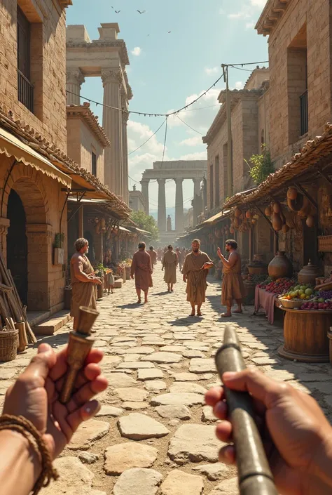 An ultra-realistic first-person (point of view) scene of a workday in Ancient Greece. The protagonist’s calloused hands appear in the foreground, holding handcrafted tools while performing daily tasks. The setting is extremely detailed, featuring sunlit st...