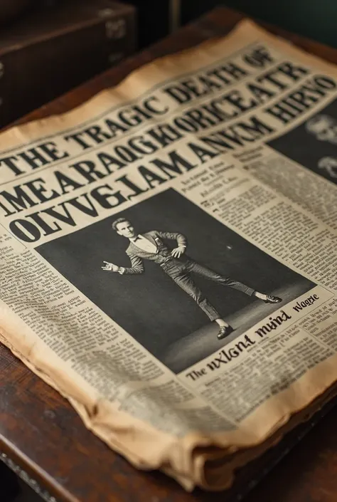 An old newspaper with yellowed pages lies on the table. On the front page there is a large headline: 'The TRAGIC DEATH OF MAGICIAN MARVO — The bullet stunt turned into a nightmare'. Next to a black and white photograph of the magician on stage, taken short...