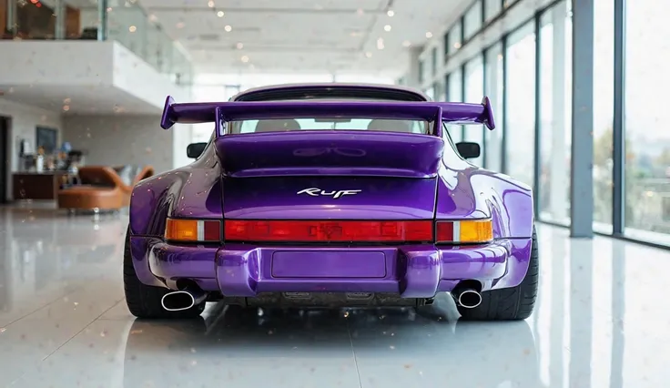 Back view of painted purple with shiny color 1989 RUF CTR Yellowbird in sleek in large shape sedan in large size with RUF logo on its large detailed grille in shiny white color with angular sporty design captured from close back view with modified sleek li...