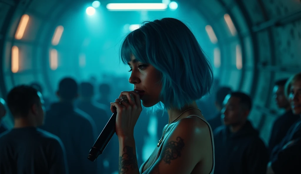 a close up profile shot of a female rapper with blue hair performing in front of a crowd in an futuristic underground sewer open space with neon LEDs while there is a mosh pit in the middle with two people standing off inside