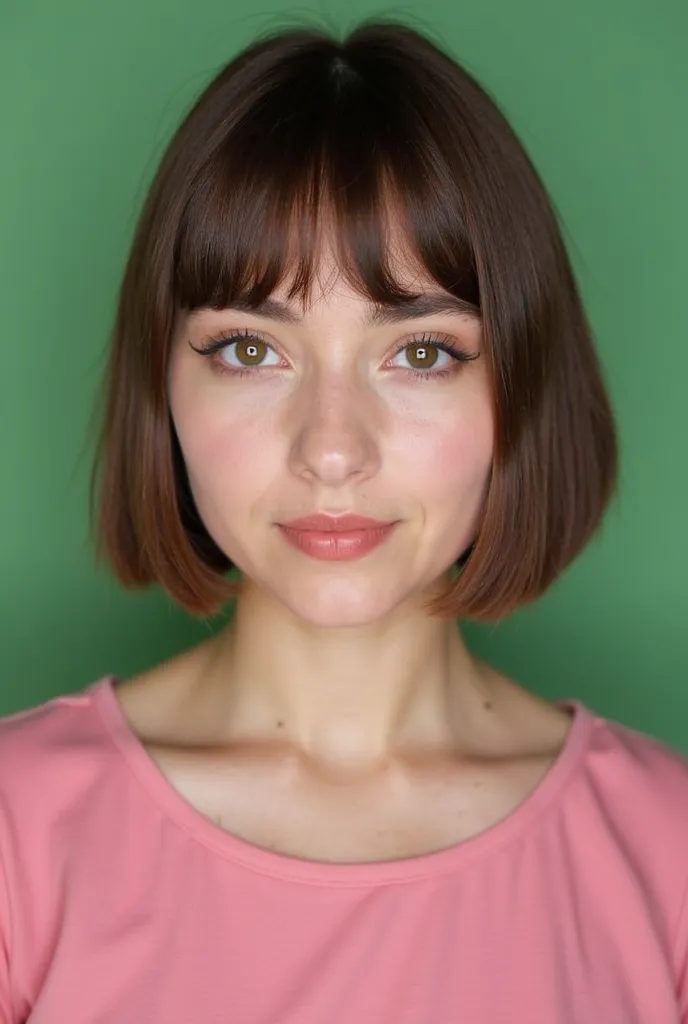 close-up of a woman in a pink top on a green background, chin length hair, with short hair, brown short hair, bean cut hair, short brown hair, short brown hair and large eyes, haircut brown bob, short hair cut, short hair, bean cut,  19 year old, short hai...