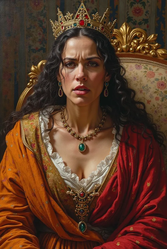 Jezebel receiving the news of the defeat of Baal's prophets, with an expression of anger and hatred.