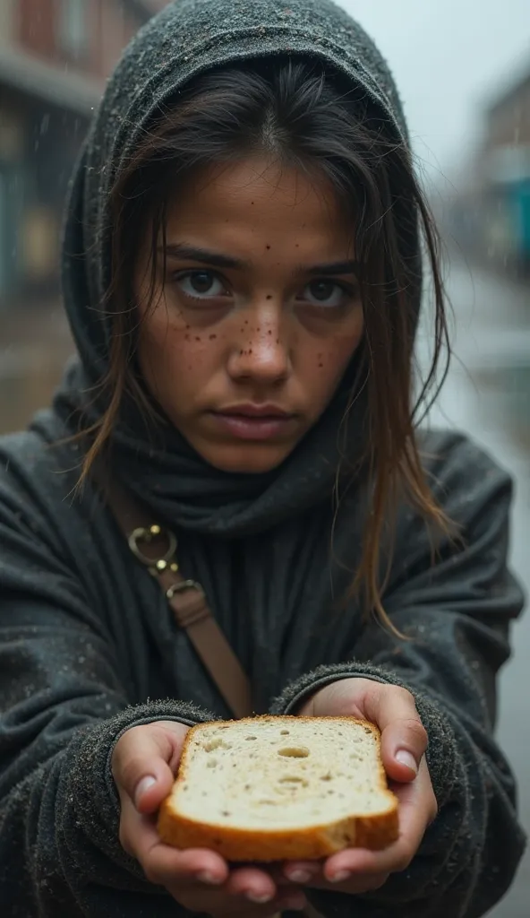 "POV: I stand in the rain-soaked street, my heart heavy as I hold out a piece of bread, its crust rough and worn. Before me, a young woman with dirt-streaked cheeks and weary eyes stares back, her expression a mix of desperation and gratitude. I can feel t...