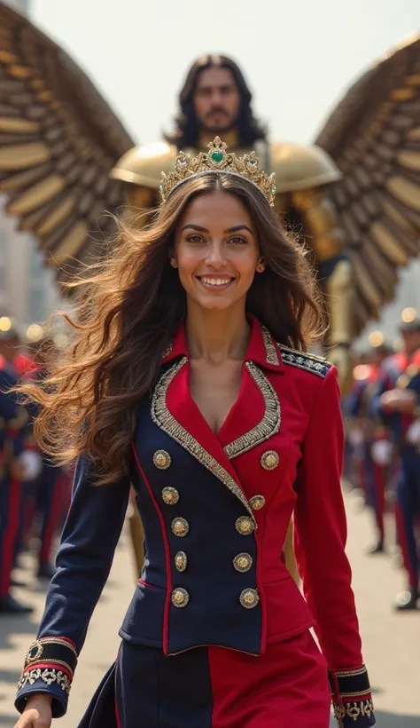 In the heart of Bogotá, a young Colombian princess with striking features and a charming smile parades to the applause of the crowd. Her long, wavy brown hair blows in the wind, and her honey brown eyes shine with determination. Her red and navy blue doubl...