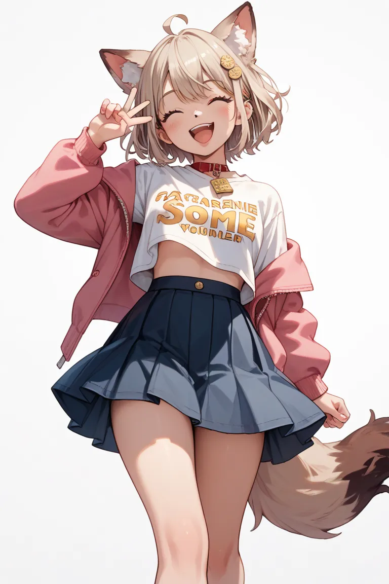 An avatar that looks like a wolf walking on two legs、Avatar、A fuzzy shirt on the skirt、 two-dimensional、 anime-like、 is laughing、Background white